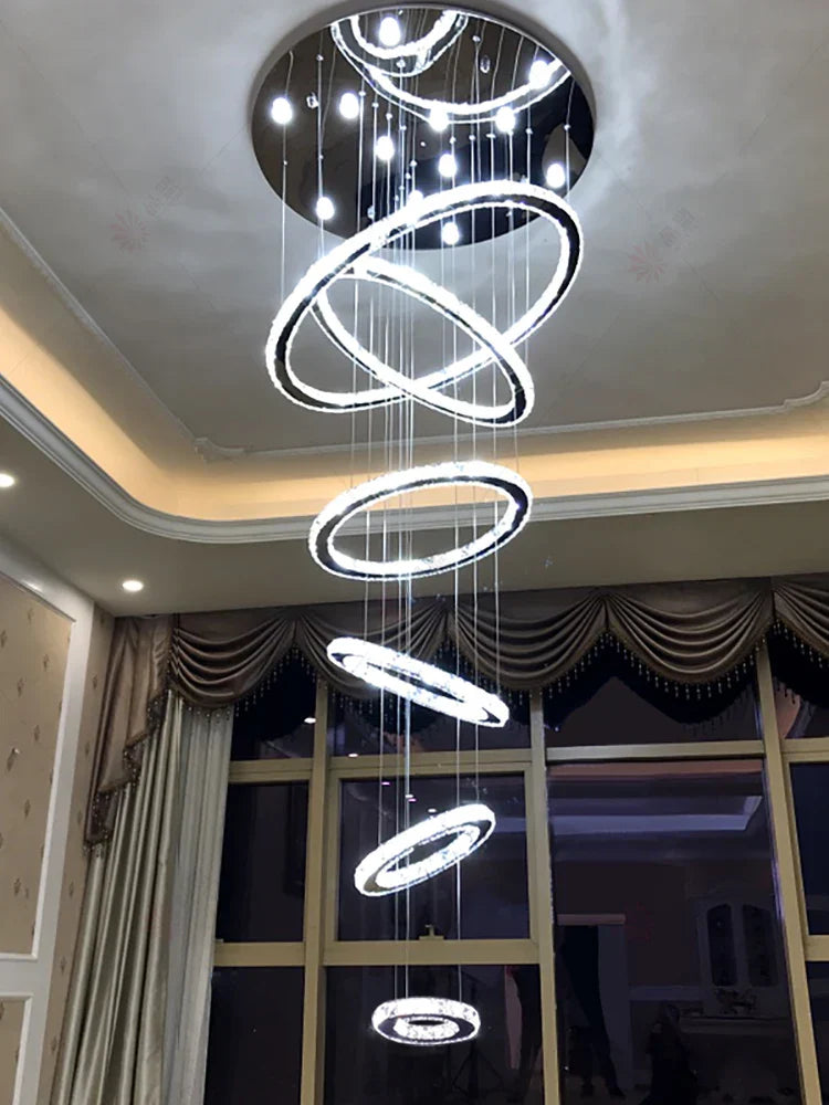 Modern Luxury Crystal Staircase Chandelier - Rings Design for Loft, Villa, and Lobby Indoor Lighting