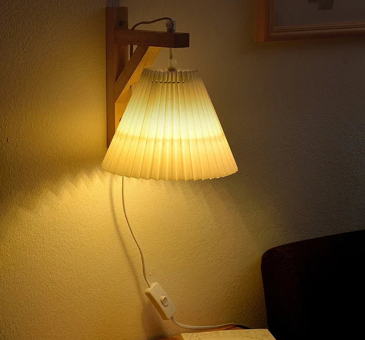 Nordic Pleated Solid Wood Wall Lamp with Plug - Simple and Stylish Lighting for Bedroom, Bedside, and Study