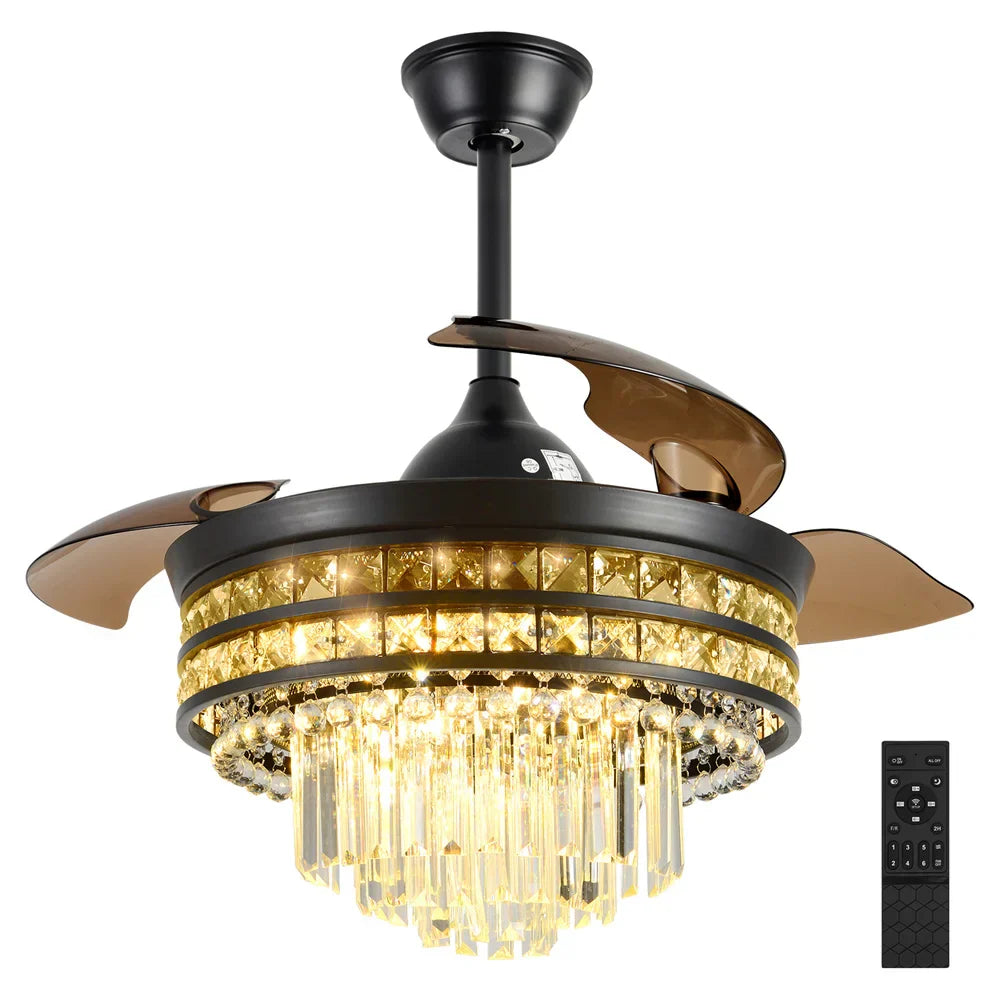 42 Inches Fandelier Ceiling Fan with Light Retractable Chandelier Fan Invisible Blades Dimmable Crystal Ceiling Fan for Bedroom