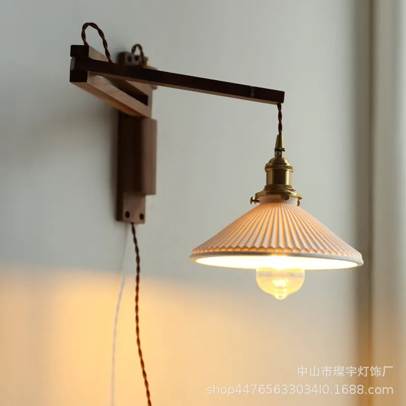Japanese Vintage Walnut Wall Lamp with Ceramic Shade - Elegant Telescopic Lighting for Bedrooms, Corridors, and More