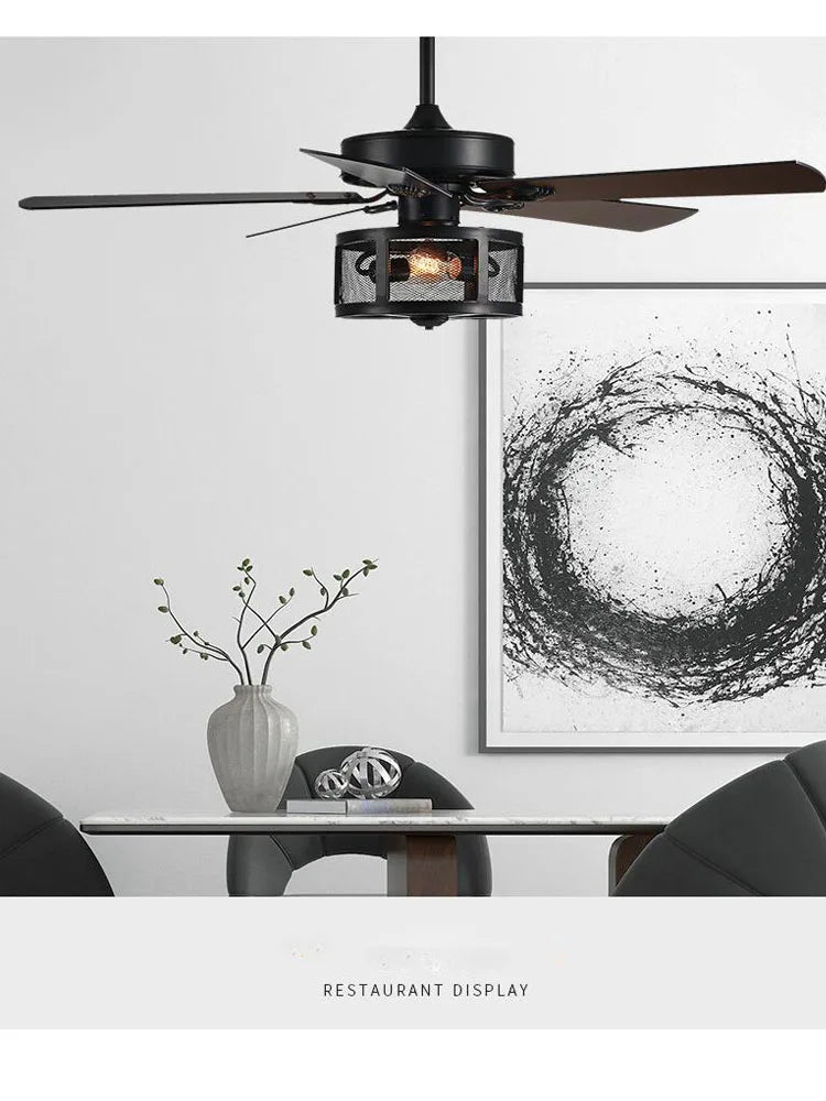 Ceiling Fans With Light Drum Style Retro Black 5 Wood Blades Reverse DC 110V 220V Wood Fans Lamp Remote Control Hanging Lights