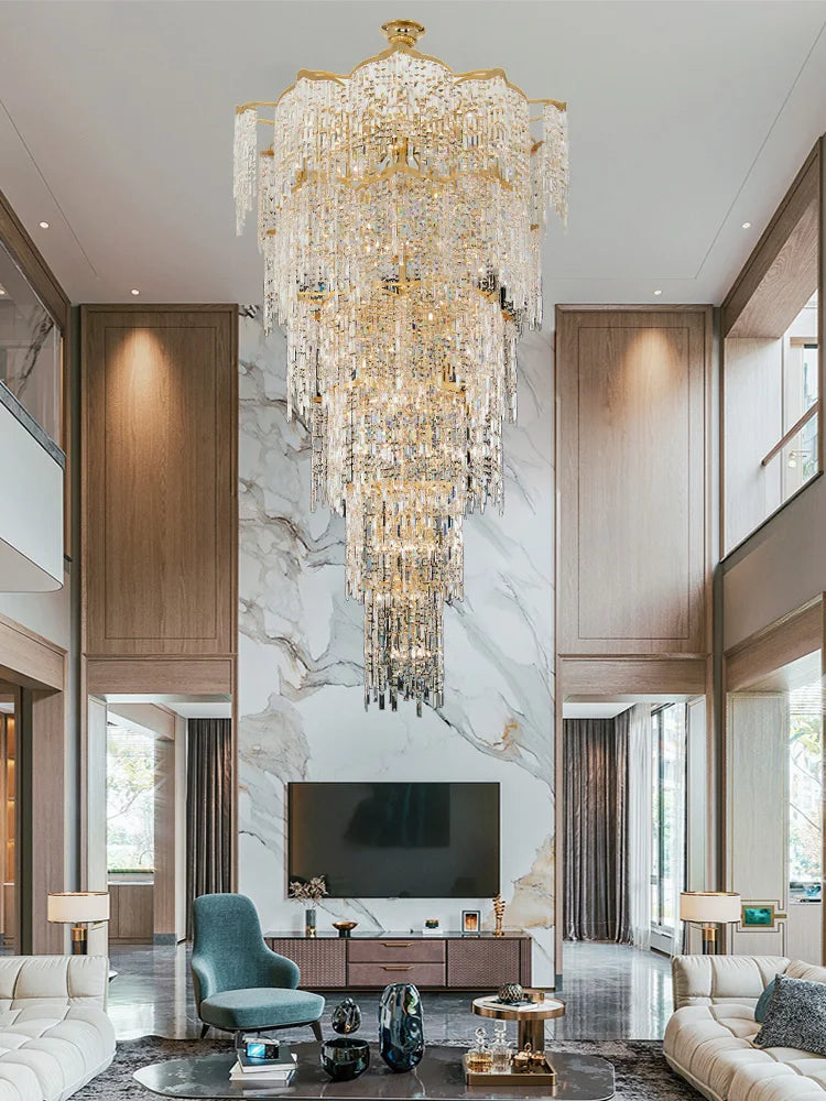 Elegant Golden Art Staircase Grand Chandelier - Luxury Crystal Illumination for Villa Halls with High Ceilings