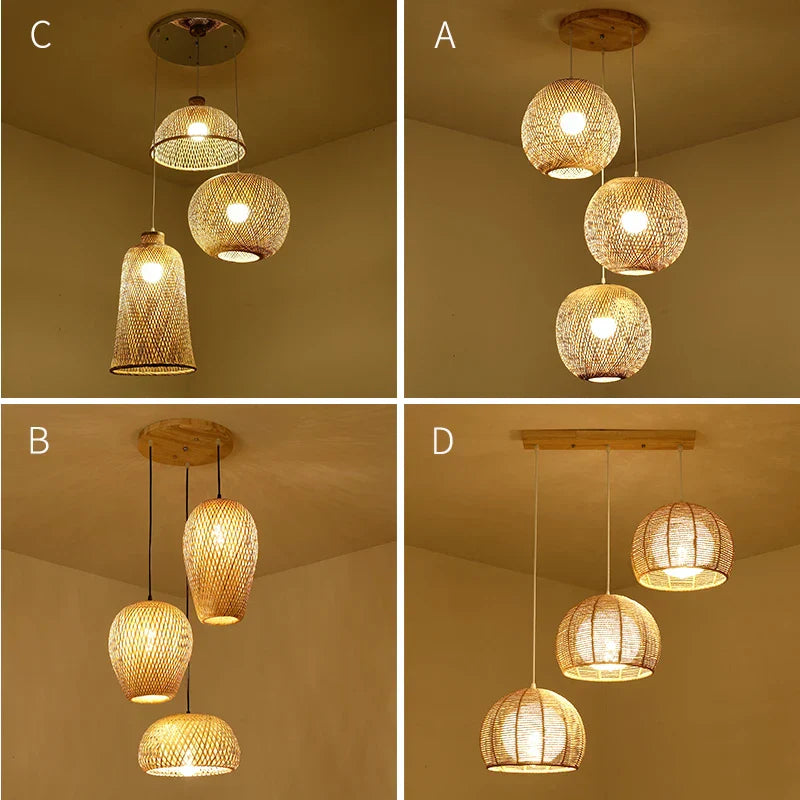 Set of 3 Modern Hand-Knitted Bamboo Rattan Pendant Lights - Weaving Elegance for Your Home