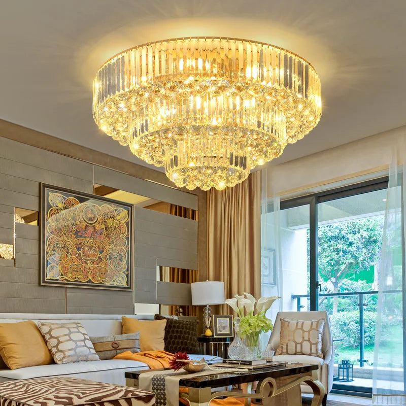 Modern Golden Rectangle Round Crystal Ceiling Light - Elegant LED Lighting for Living Rooms, Dining Rooms, and Bedrooms