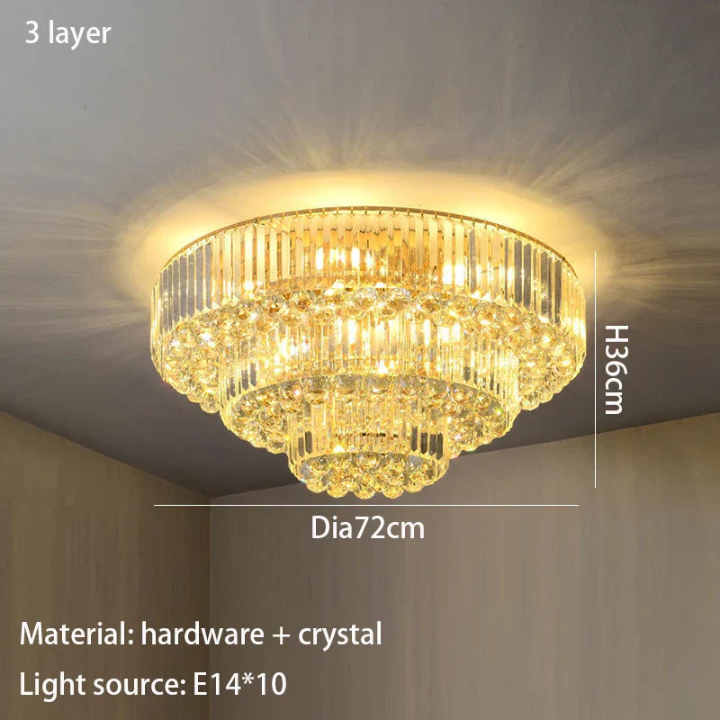Modern Golden Rectangle Round Crystal Ceiling Light - Elegant LED Lighting for Living Rooms, Dining Rooms, and Bedrooms