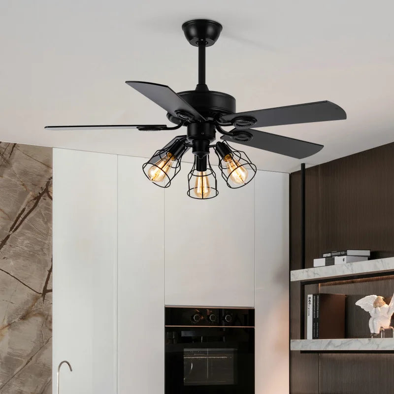 Black Ceiling Fans with Lights Remote Industrial Vintage Black Postmodern Fan lamp for Kitchen Island Dining Room Foyer Bar