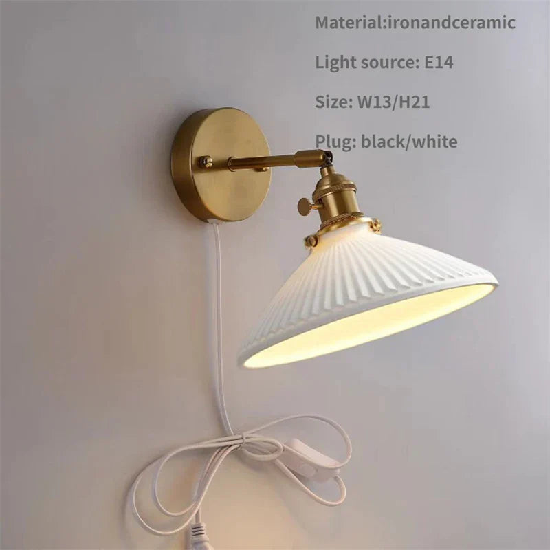 Rotary Brass Ceramic Wall Lamp with Pull Switch - Customizable LED Sconce for Bedroom and Interior Lighting
