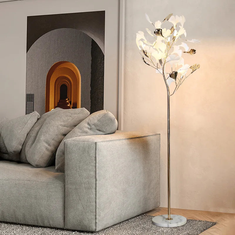 Modern Ginkgo Leaf Light Luxury Floor Lamp - Warm LED Lighting for Bedrooms and Living Rooms with Decorative Gold Feather Design