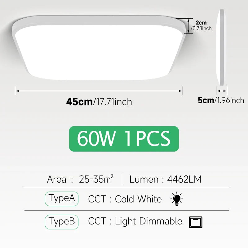 Large Modern Ceiling Lamp - 17.8-inch LED Panel Square Ceiling Light for Living Room, Bedroom, Kitchen, and Home - Powerful 60W Fixture