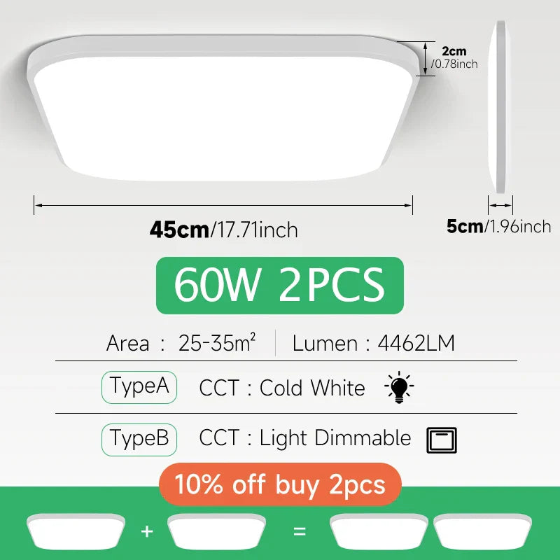 Large Modern Ceiling Lamp - 17.8-inch LED Panel Square Ceiling Light for Living Room, Bedroom, Kitchen, and Home - Powerful 60W Fixture