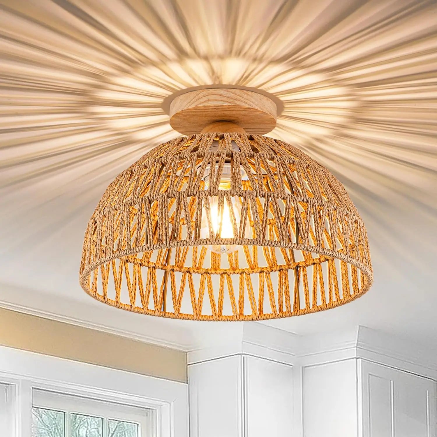 Boho Rattan Flush Mount Ceiling Light - Hand-Woven Elegance for Your Space
