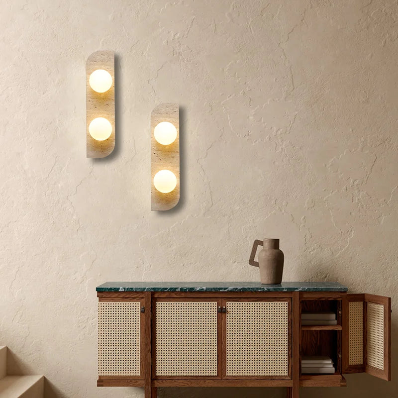 Retro Three-Head Natural Stone Art Wall Lamp - Yellow Travertine and White Glass Lampshade for Atmospheric Corridor Lighting