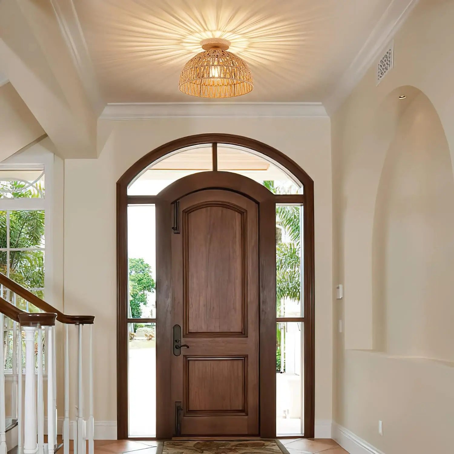 Boho Rattan Flush Mount Ceiling Light - Hand-Woven Elegance for Your Space