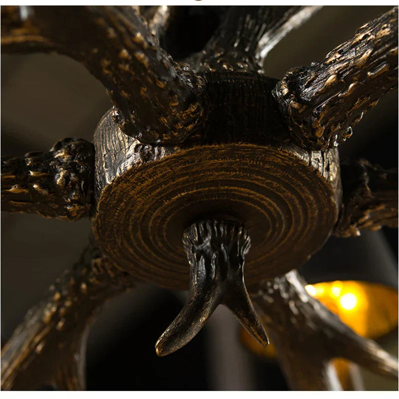 American Industrial Antler Chandelier with Vintage Black Lampshade - Perfect for Dining Rooms, Villas, and Living Spaces