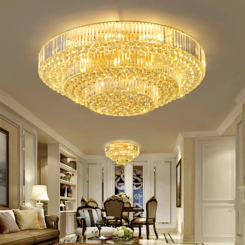 Modern Golden Rectangle Round Crystal Ceiling Light - Elegant LED Lighting for Living Rooms, Dining Rooms, and Bedrooms