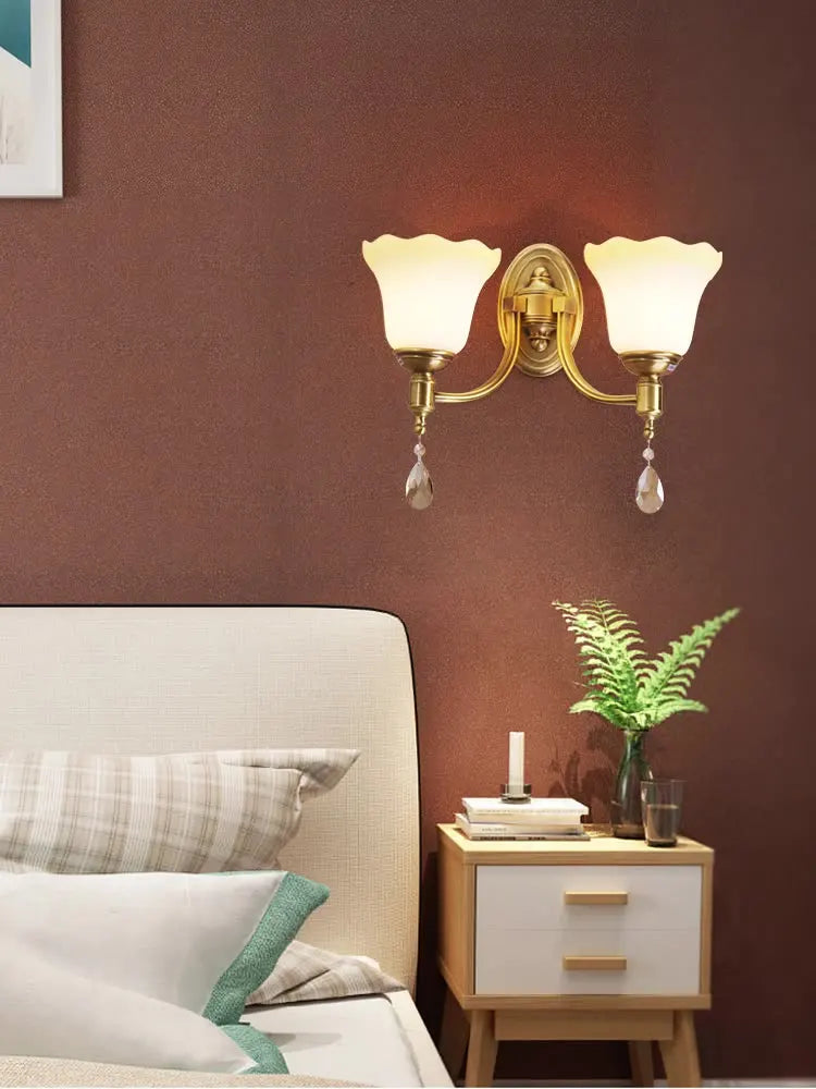 Sophia - European-style Glass Wall Lamp Warm Living Room TV Background Wall Bedroom Bedside Double Head All Copper Simple Wall Lamp