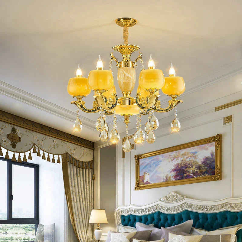 European Style Jade Crystal Chandelier - Luxury Lighting with Natural Marble Accents for Dining Rooms, Bedrooms, and Living Spaces