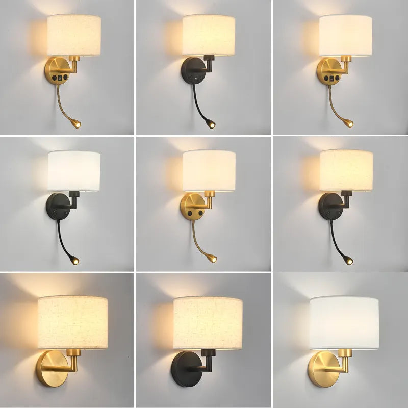 Bedside Wall Lamp with Rotating Spotlight - Modern Fabric Lampshade Reading Wall Sconce for Bedroom Home Decoration with LED E27