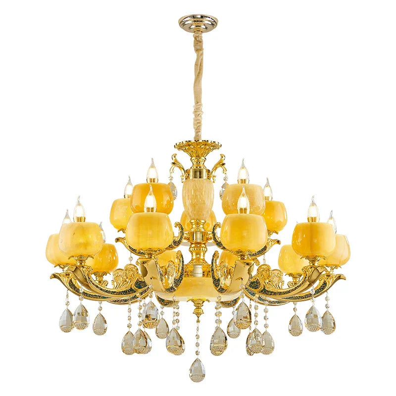 European Style Jade Crystal Chandelier - Luxury Lighting with Natural Marble Accents for Dining Rooms, Bedrooms, and Living Spaces