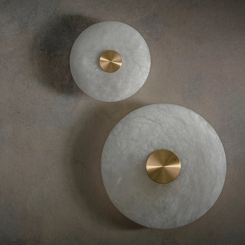 Art Deco Round LED Wall Sconce - Natural Marble and Brass Elegance for Parlor, Aisle, and Corridor Atmosphere Decoration