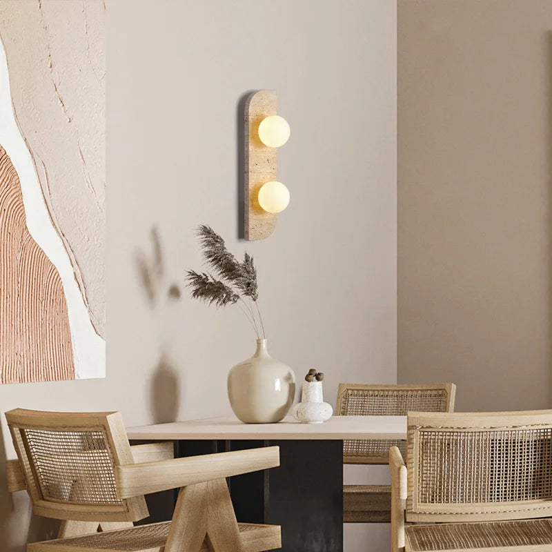 Retro Three-Head Natural Stone Art Wall Lamp - Yellow Travertine and White Glass Lampshade for Atmospheric Corridor Lighting
