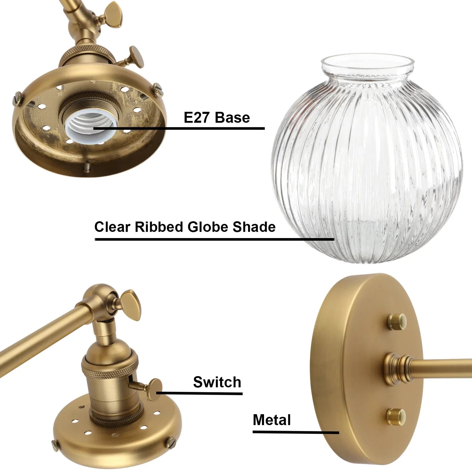 Phansthy Vintage Double Head Wall Sconces - Retro Rustic Wall Lamps with Globe Glass Shades and Switch