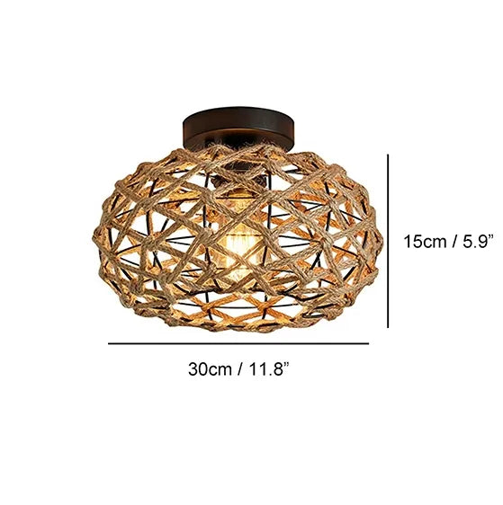 Boho Hemp Rope Cage Semi Flush Mount Ceiling Light - Rustic Elegance for Bedrooms and Beyond