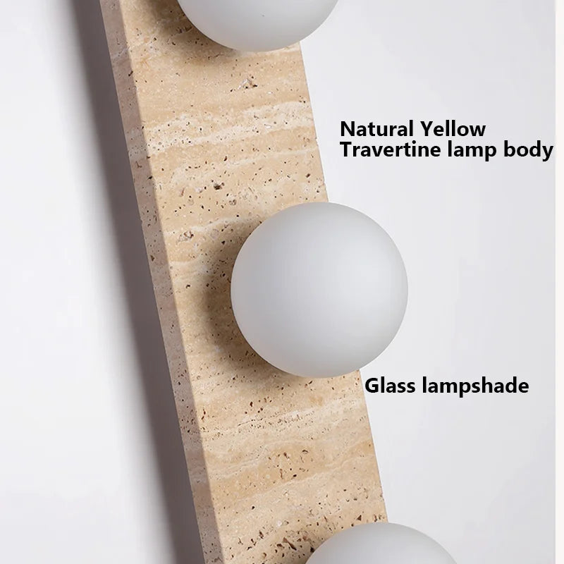 Retro Three-Head Natural Stone Art Wall Lamp - Yellow Travertine and White Glass Lampshade for Atmospheric Corridor Lighting