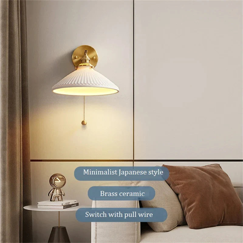 Nordic Home Decoration Bedside Ceramic Wall Light - LED Fixture with Pull Switch for Living Room and Bedroom, Adjustable Sconce Lamp