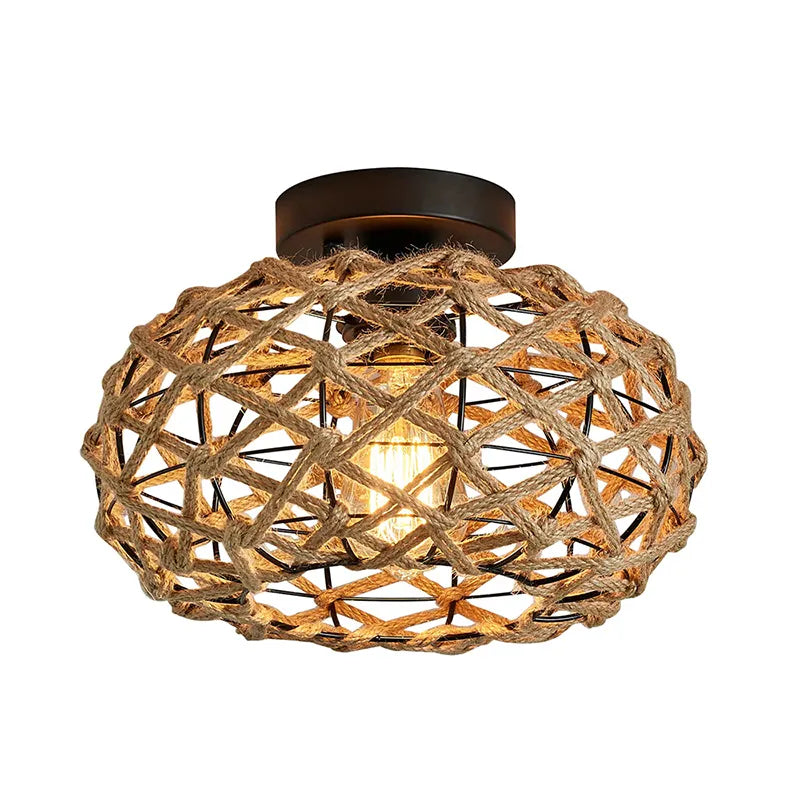 Boho Hemp Rope Cage Semi Flush Mount Ceiling Light - Rustic Elegance for Bedrooms and Beyond