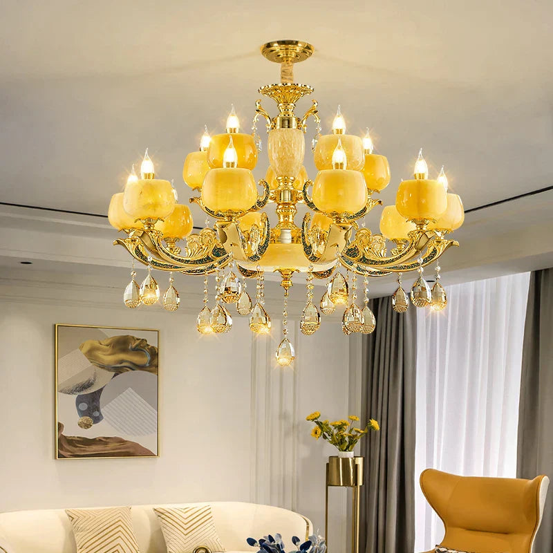 European Style Jade Crystal Chandelier - Luxury Lighting with Natural Marble Accents for Dining Rooms, Bedrooms, and Living Spaces