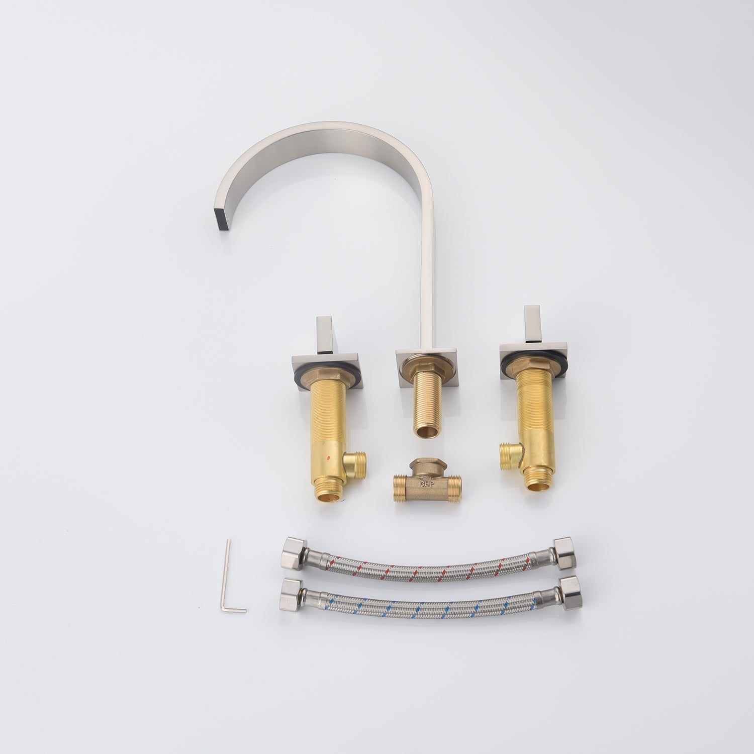 Brushed Nickel Waterfall Widespread Bathroom Basin Faucet with Two Handles and Overflow Brass Pop-Up Drain