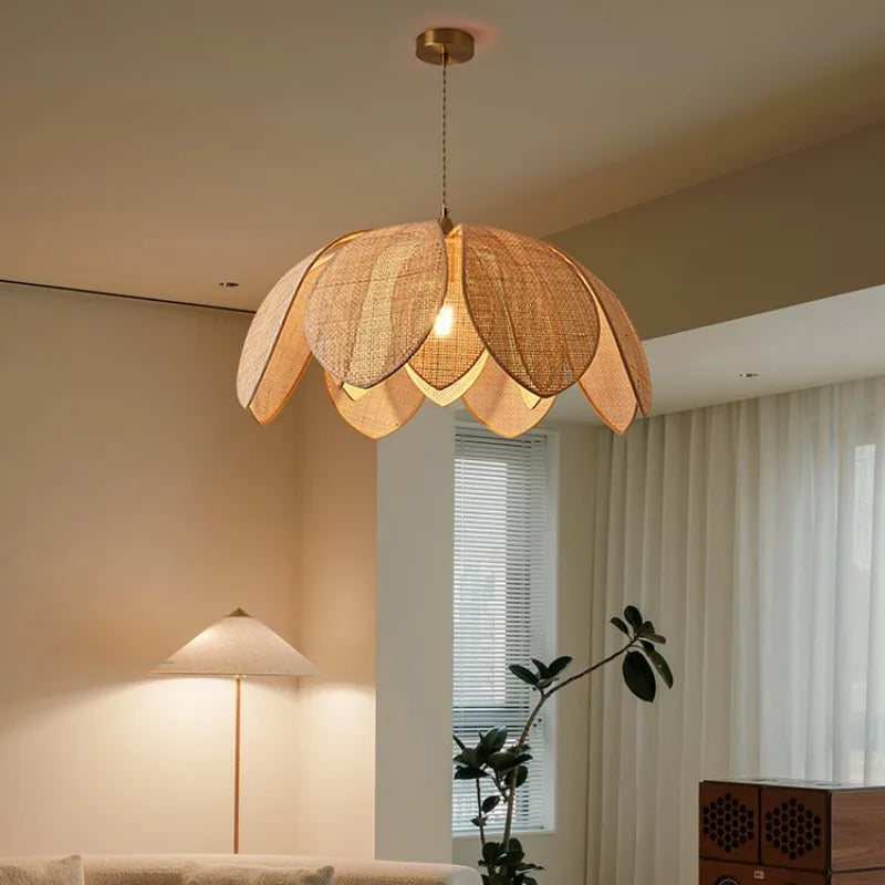 Japanese Style Handmade Woven Rattan Petal Chandelier - Unique Lighting for Dining, Bedroom, and Living Spaces