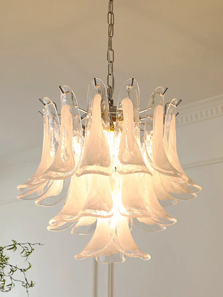Elara White Petal Glass LED Chandelier for Staircase & Villa Décor