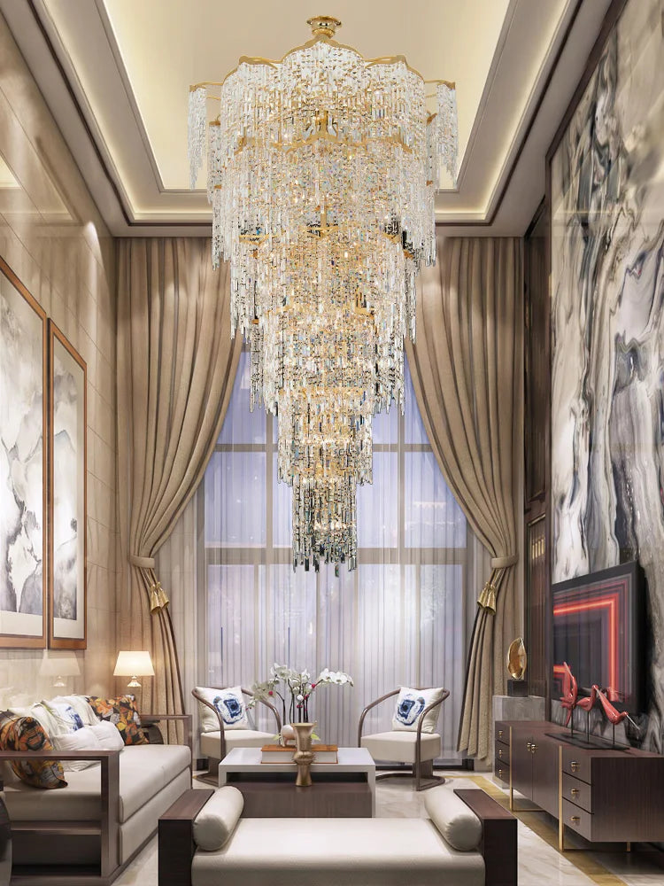 Elegant Golden Art Staircase Grand Chandelier - Luxury Crystal Illumination for Villa Halls with High Ceilings