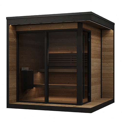 SaunaLife GL6 outdoor sauna 90 by 90 inch Thermo-Spruce walls black fascia integrated porch and recessed eave LED lighting