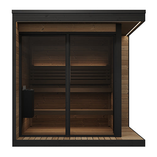 SaunaLife Garden Luxury-Series GL6 | 6-Person Outdoor Sauna Kit | 1.57" Thermo-Spruce | Bronze Tempered Glass | Black Modern Trim | Exterior Eave LED | Integrated Porch | Contoured Thermo-Hardwood Benches | Handcrafted Northern Europe