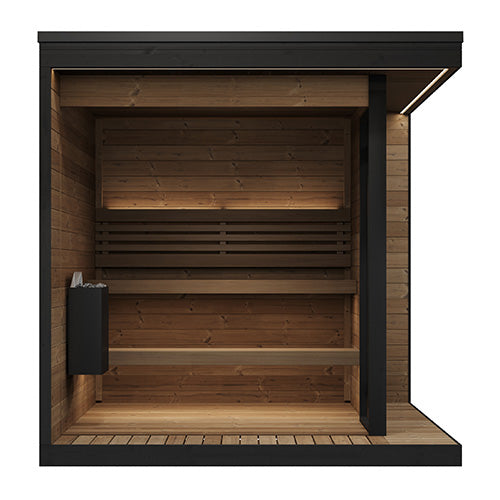 SaunaLife GL6 interior knot-free ergonomically contoured two-tier thermo-hardwood benches for 6 persons with indirect LED lighting
