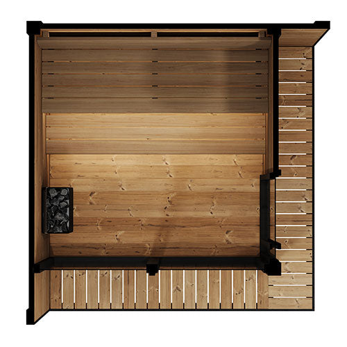 SaunaLife Garden Luxury-Series GL6 | 6-Person Outdoor Sauna Kit | 1.57" Thermo-Spruce | Bronze Tempered Glass | Black Modern Trim | Exterior Eave LED | Integrated Porch | Contoured Thermo-Hardwood Benches | Handcrafted Northern Europe