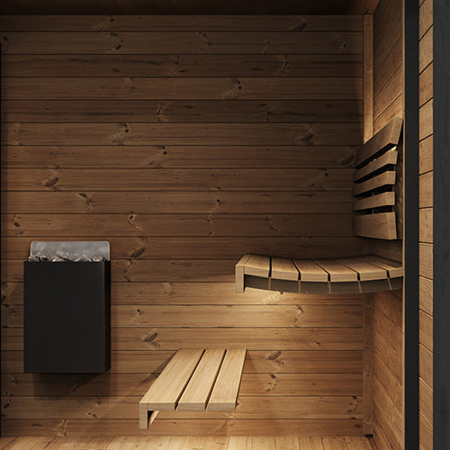 SaunaLife GL6 full-width recessed dotless eave LED strip illuminating integrated Thermo-Spruce porch and entry at night