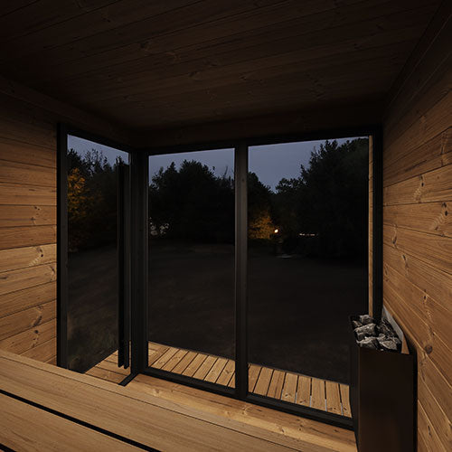 SaunaLife Garden Luxury-Series GL6 | 6-Person Outdoor Sauna Kit | 1.57" Thermo-Spruce | Bronze Tempered Glass | Black Modern Trim | Exterior Eave LED | Integrated Porch | Contoured Thermo-Hardwood Benches | Handcrafted Northern Europe