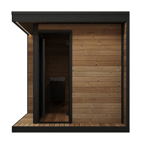 SaunaLife Garden Luxury-Series GL6 | 6-Person Outdoor Sauna Kit | 1.57" Thermo-Spruce | Bronze Tempered Glass | Black Modern Trim | Exterior Eave LED | Integrated Porch | Contoured Thermo-Hardwood Benches | Handcrafted Northern Europe