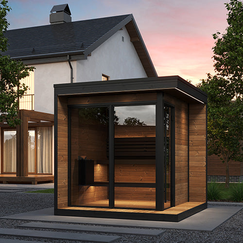 SaunaLife GL6 full bronze tempered glass front wall full-height door and tall windows with black frame trim