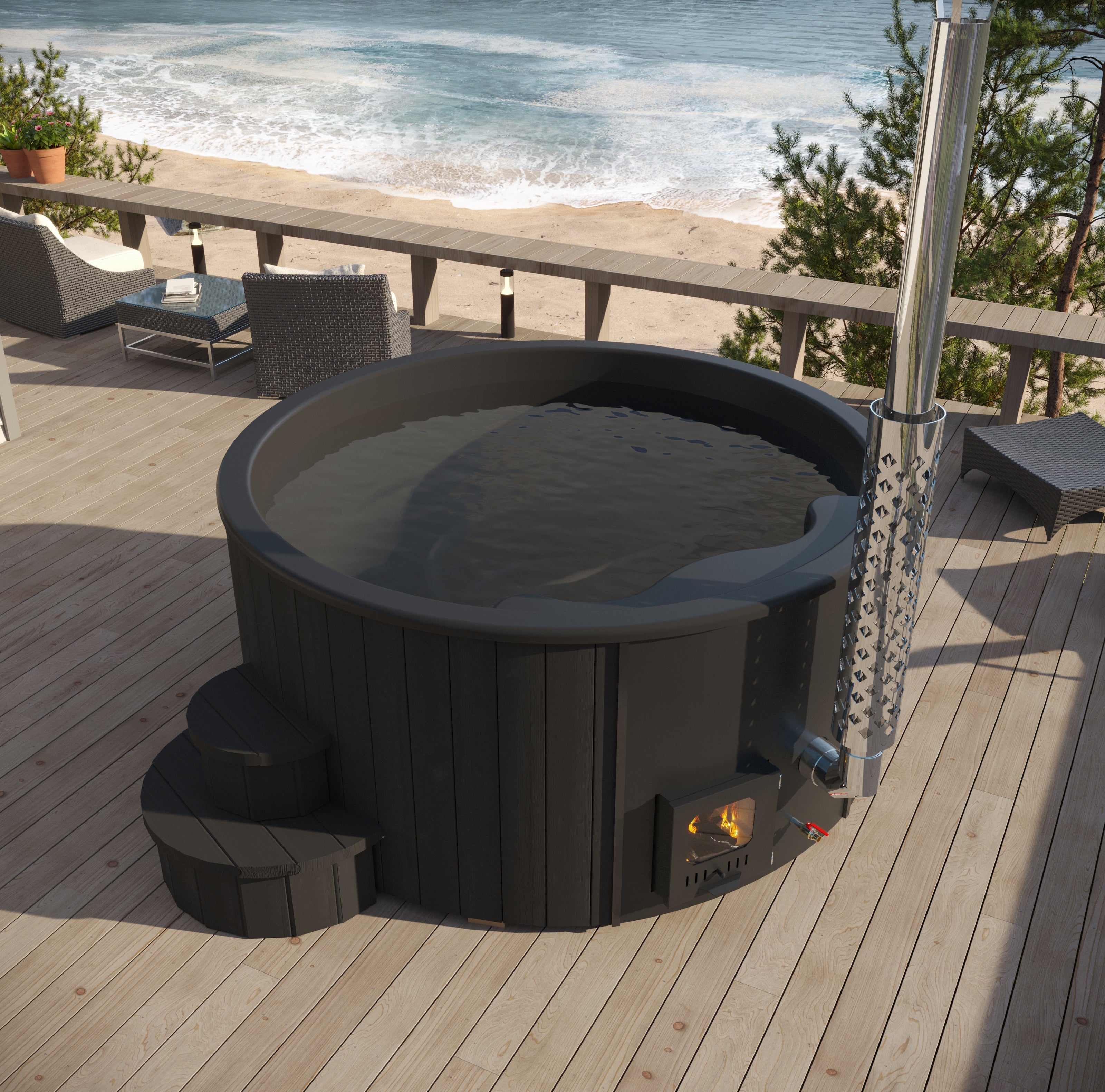 SaunaLife Soak-Series Model S6B | 7-Person Wood-Burning Hot Tub | No Electricity Required | 436 Gallons | Heats in 1.5 Hours | Dual-Chamber Stainless Stove | Black Thermo-Spruce | Fully Assembled