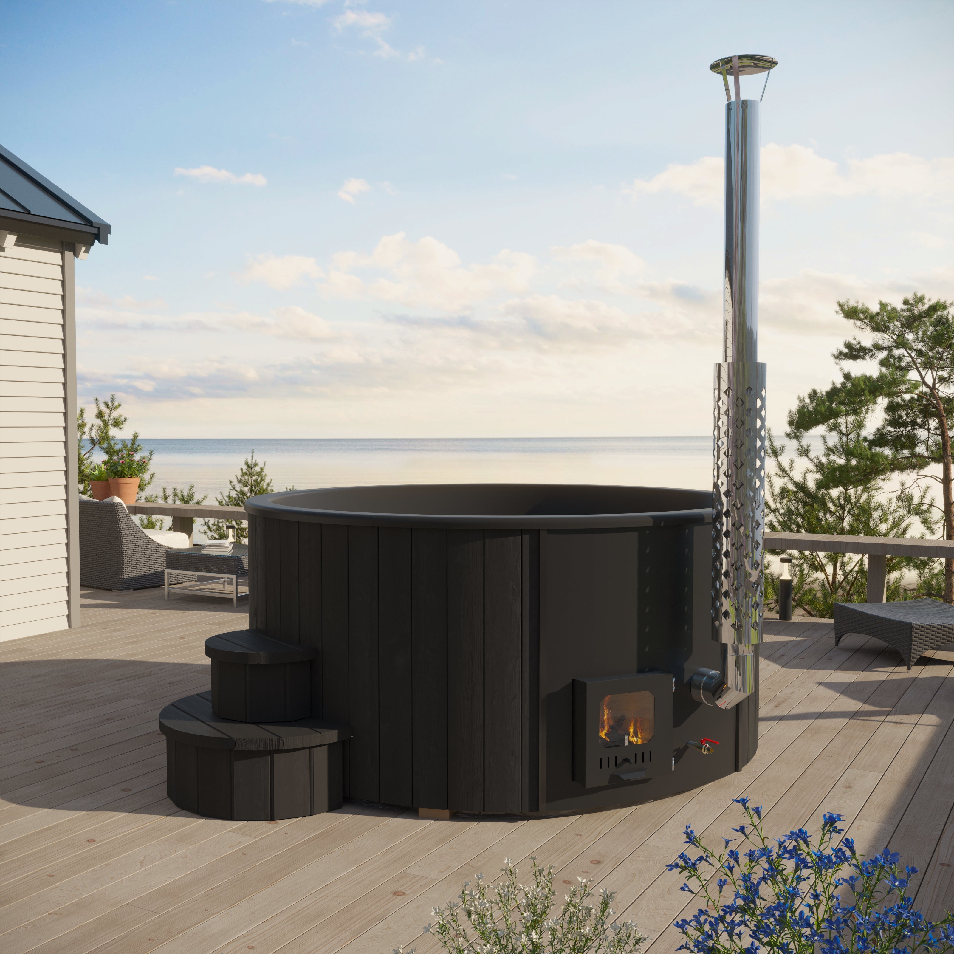 SaunaLife S6B outdoor wood-burning hot tub black thermally modified Thermo-Spruce cladding and stainless steel chimney