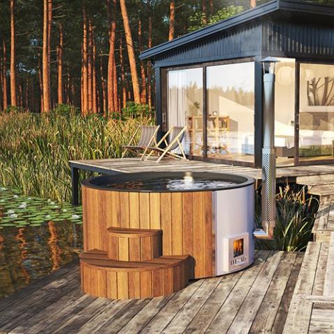 SaunaLife Soak-Series Model S4N | Wood-Fired Hot Tub | No Electricity Required | 304 Gallons | Self-Cleaning Stove | Heats 40°F to 95°F in 1.5-2 Hours | Natural Thermo-Spruce | Fully Assembled | Up to 6 Bathers