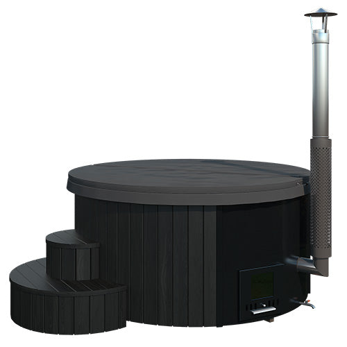 SaunaLife Soak-Series Model S6B 7-person wood-burning hot tub black Thermo-Spruce exterior 89 inch diameter fully assembled