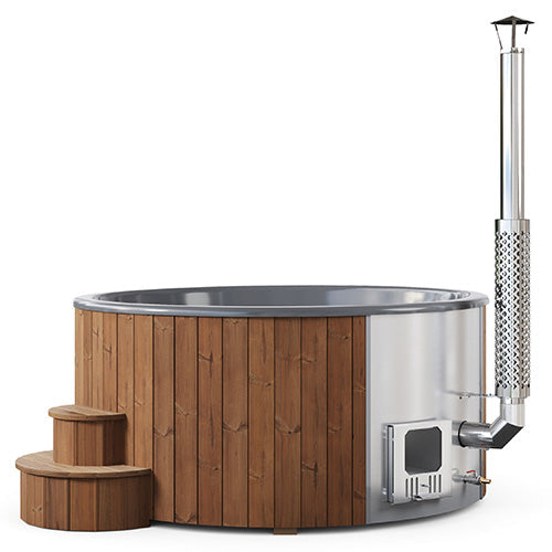 SaunaLife S6N outdoor wood-burning hot tub natural thermally modified Thermo-Spruce cladding and polished stainless steel chimney