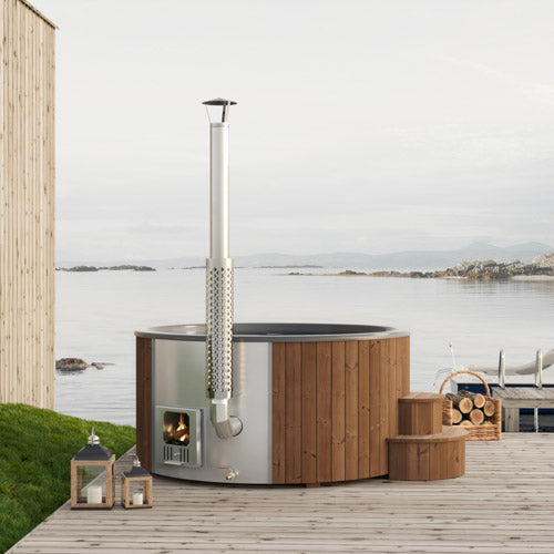 SaunaLife Soak-Series Model S6N 7-person wood-burning hot tub natural Thermo-Spruce exterior 89 inch diameter fully assembled outdoors