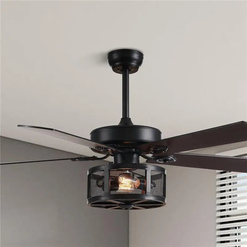 Ceiling Fans With Light Drum Style Retro Black 5 Wood Blades Reverse DC 110V 220V Wood Fans Lamp Remote Control Hanging Lights